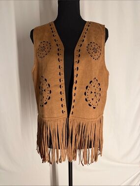 Tan Faux-Suede Fringe Vest with Laser-Cut Details